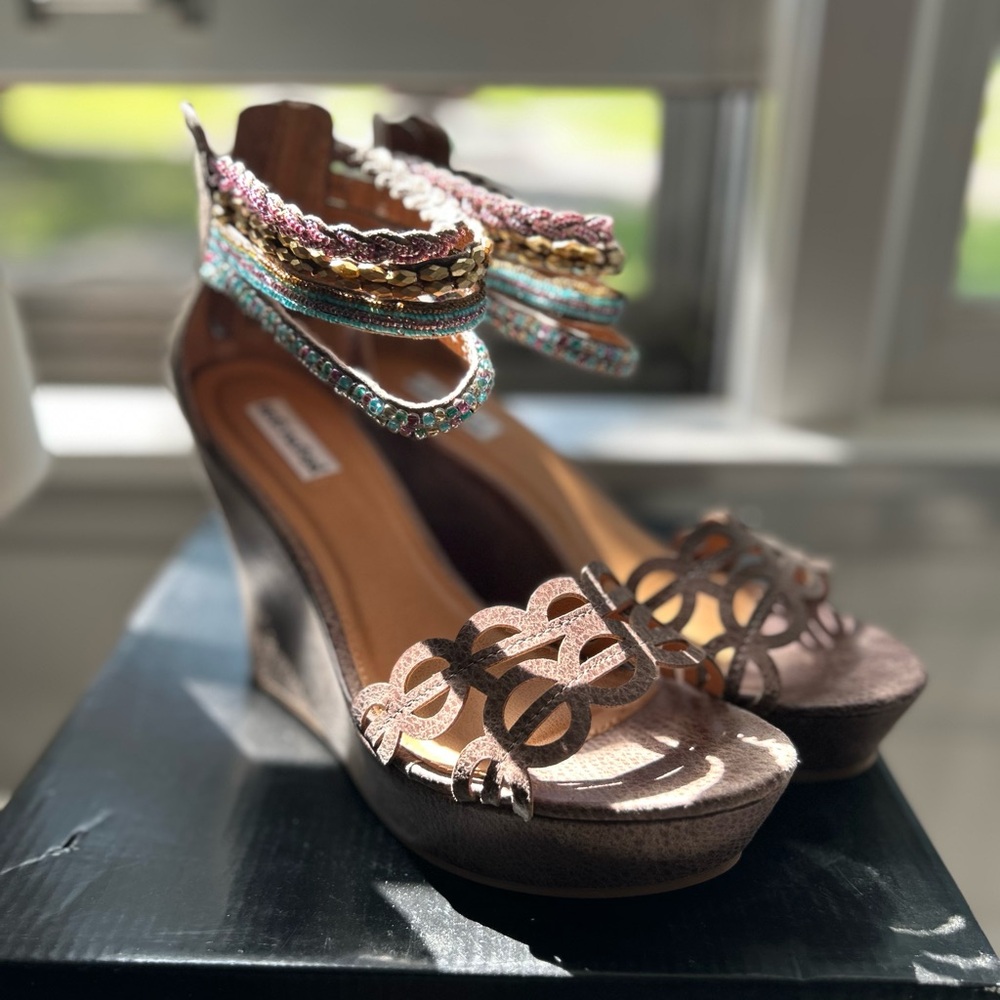 Not Rated Brown and Multicolor Wedge Sandals